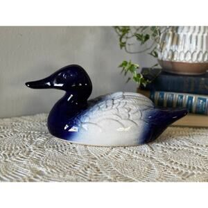 Staffordshire Blue White Duck Figurine Vintage Ceramic Mallard Decor